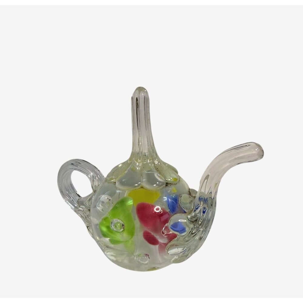 Vtg Joe St Clair‎ art glass teapot paperweight ring holder Pastel flowers